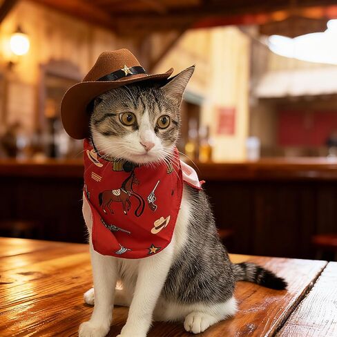 HOWWFALY Pet Cowboy Costume Set Dog Halloween Costumes Cat Cowboy Hat & Bandana Scarf for Small Medium Breeds(Red, Small) in Saudi Arabia