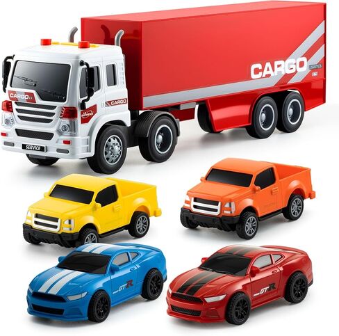 1:16 Container Truck Toy Set with Light & Sound – Inertial Cargo Transport Truck with 4 Mini Cars and Opening Ramp – Educational Vehicle Playset for Kids Ages 3+, Eco-Friendly ABS in Saudi Arabia