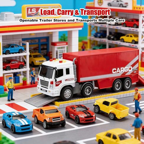 1:16 Container Truck Toy Set with Light & Sound – Inertial Cargo Transport Truck with 4 Mini Cars and Opening Ramp – Educational Vehicle Playset for Kids Ages 3+, Eco-Friendly ABS in Saudi Arabia