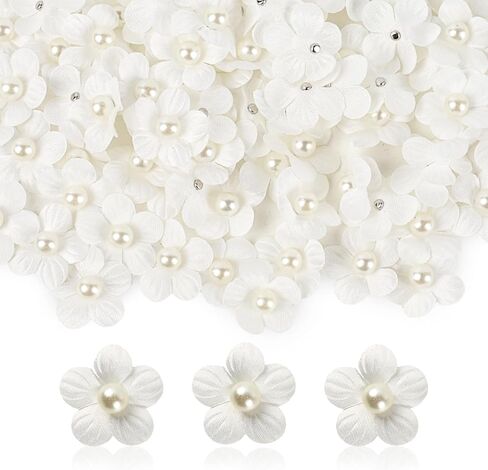 Luckforest Mini Faux Flower Embellishments, 50 Pcs Mini Artificial Flowers with Beading for Sewing on Apparel, Scrapbooking, Cards and DIY Crafts Accessories, White in Saudi Arabia