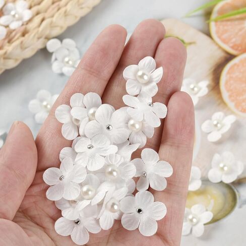 Luckforest Mini Faux Flower Embellishments, 50 Pcs Mini Artificial Flowers with Beading for Sewing on Apparel, Scrapbooking, Cards and DIY Crafts Accessories, White in Saudi Arabia