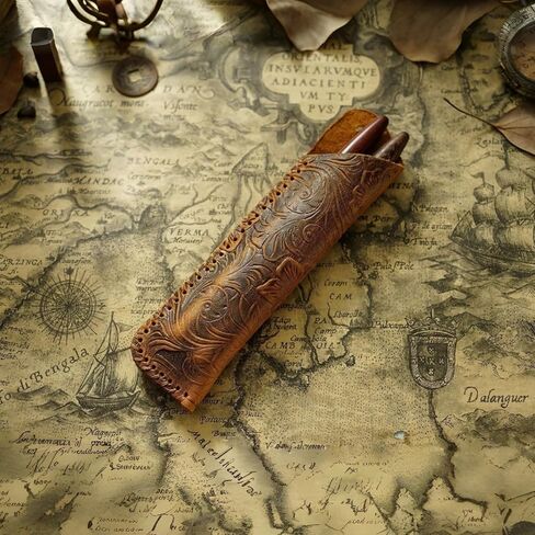 Vintage Full Grain Leather Double Sleeve, Handmade Floral Embossed Case, Retro Carved Cowhide Holder, Slim EDC Leather Pouch for 2 Writing Tools, Durable Desk Writing Organizer Accessory in Saudi Arabia