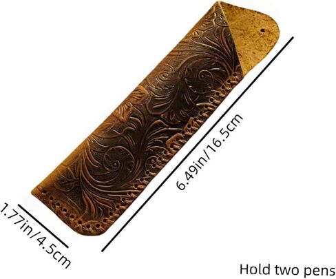 Vintage Full Grain Leather Double Sleeve, Handmade Floral Embossed Case, Retro Carved Cowhide Holder, Slim EDC Leather Pouch for 2 Writing Tools, Durable Desk Writing Organizer Accessory in Saudi Arabia