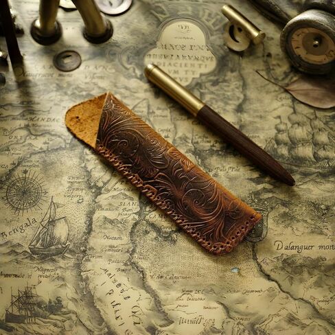 Vintage Full Grain Leather Double Sleeve, Handmade Floral Embossed Case, Retro Carved Cowhide Holder, Slim EDC Leather Pouch for 2 Writing Tools, Durable Desk Writing Organizer Accessory in Saudi Arabia
