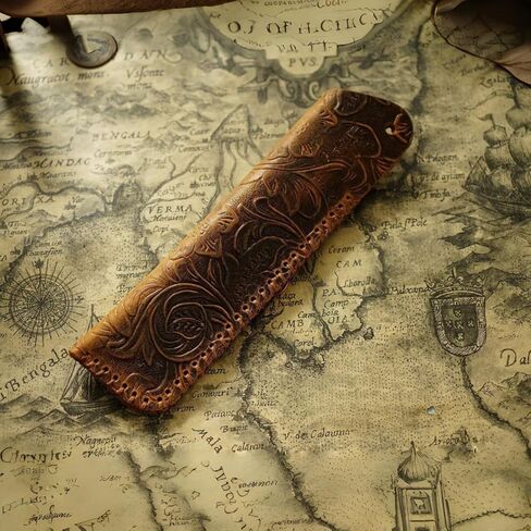 Vintage Full Grain Leather Double Sleeve, Handmade Floral Embossed Case, Retro Carved Cowhide Holder, Slim EDC Leather Pouch for 2 Writing Tools, Durable Desk Writing Organizer Accessory in Saudi Arabia