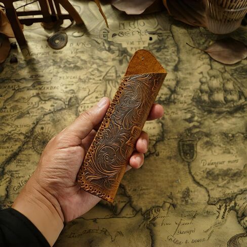 Vintage Full Grain Leather Double Sleeve, Handmade Floral Embossed Case, Retro Carved Cowhide Holder, Slim EDC Leather Pouch for 2 Writing Tools, Durable Desk Writing Organizer Accessory in Saudi Arabia