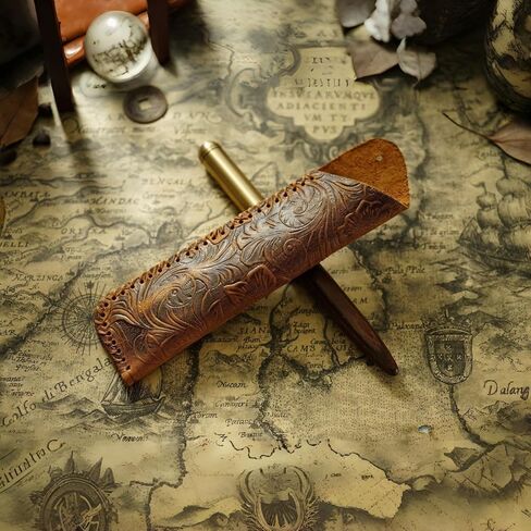 Vintage Full Grain Leather Double Sleeve, Handmade Floral Embossed Case, Retro Carved Cowhide Holder, Slim EDC Leather Pouch for 2 Writing Tools, Durable Desk Writing Organizer Accessory in Saudi Arabia