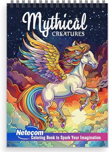 Netecom Mythical Creatures كتاب تلوين للبالغين، غلاف ناعم، 30 صفحة تلوين ساحرة من المخلوقات الغامضة بما في ذلك العنقاء وحوريات البحر والغريفين لتخفيف التوتر والاسترخاء in Kuwait