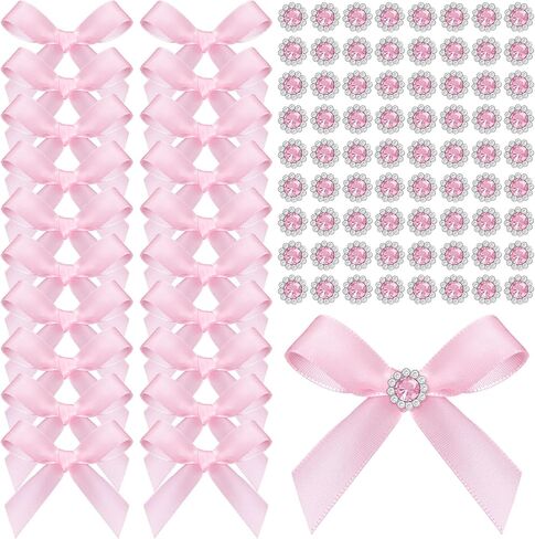 Norme 100 Pcs Pink Gift Wrap Bows with Flower Crystal Rhinestones Satin Ribbon Twist Tie Bows for Wedding Valentine's Day Birthday Party Gift Wrapping Crafts Baby Shower Decor in Saudi Arabia