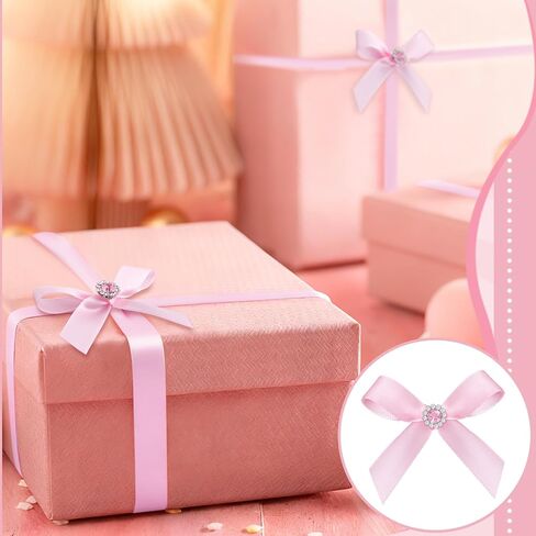 Norme 100 Pcs Pink Gift Wrap Bows with Flower Crystal Rhinestones Satin Ribbon Twist Tie Bows for Wedding Valentine's Day Birthday Party Gift Wrapping Crafts Baby Shower Decor in Saudi Arabia