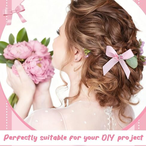 Norme 100 Pcs Pink Gift Wrap Bows with Flower Crystal Rhinestones Satin Ribbon Twist Tie Bows for Wedding Valentine's Day Birthday Party Gift Wrapping Crafts Baby Shower Decor in Saudi Arabia
