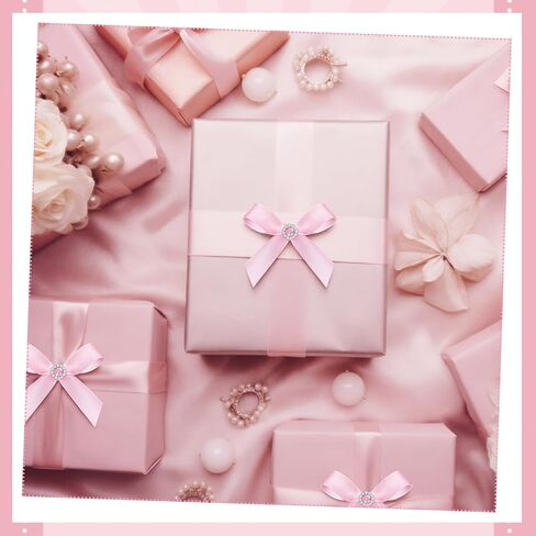 Norme 100 Pcs Pink Gift Wrap Bows with Flower Crystal Rhinestones Satin Ribbon Twist Tie Bows for Wedding Valentine's Day Birthday Party Gift Wrapping Crafts Baby Shower Decor in Saudi Arabia