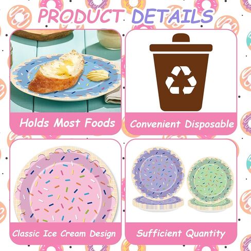 96Pcs Ice Cream Party Decorations Sweet One Birthday Plates Tableware Set Colorful Sprinkle Dessert Theme Dinner Paper Plates Napkins Donut Theme Dinnerware for Girls Baby Shower Party Supplies Favors in Saudi Arabia