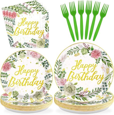 96Pcs Sage Green Pink Birthday Party Decorations Glitter Gold Happy Birthday Plates and Napkins Eucalyptus Leaves Floral Tableware Set for Women Girls Baby Shower Princess supplies Serves 24 in Saudi Arabia