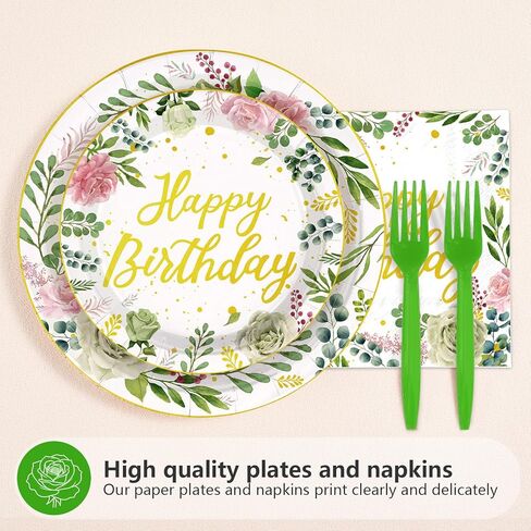 96Pcs Sage Green Pink Birthday Party Decorations Glitter Gold Happy Birthday Plates and Napkins Eucalyptus Leaves Floral Tableware Set for Women Girls Baby Shower Princess supplies Serves 24 in Saudi Arabia