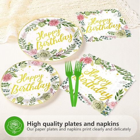 96Pcs Sage Green Pink Birthday Party Decorations Glitter Gold Happy Birthday Plates and Napkins Eucalyptus Leaves Floral Tableware Set for Women Girls Baby Shower Princess supplies Serves 24 in Saudi Arabia