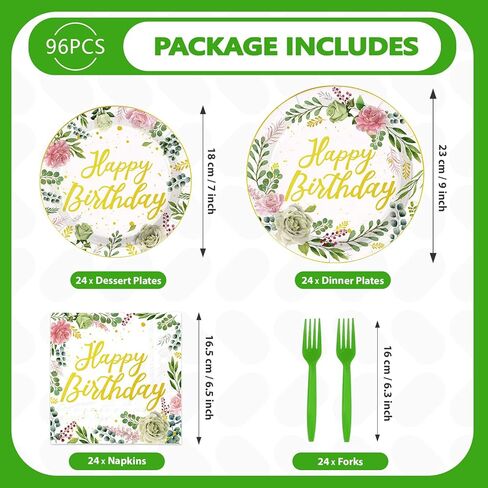 96Pcs Sage Green Pink Birthday Party Decorations Glitter Gold Happy Birthday Plates and Napkins Eucalyptus Leaves Floral Tableware Set for Women Girls Baby Shower Princess supplies Serves 24 in Saudi Arabia