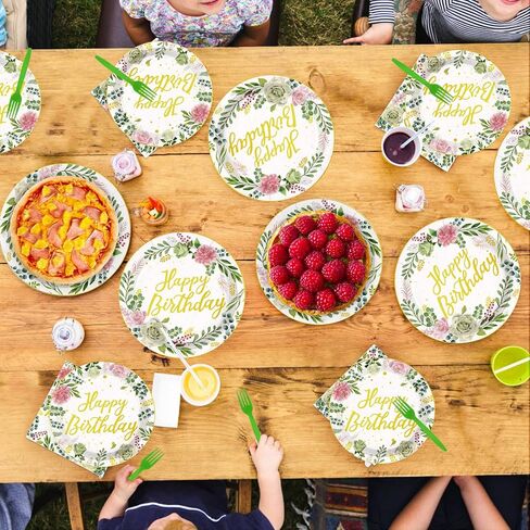 96Pcs Sage Green Pink Birthday Party Decorations Glitter Gold Happy Birthday Plates and Napkins Eucalyptus Leaves Floral Tableware Set for Women Girls Baby Shower Princess supplies Serves 24 in Saudi Arabia