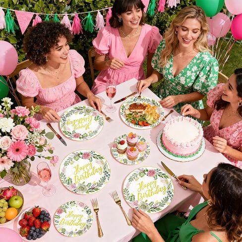 96Pcs Sage Green Pink Birthday Party Decorations Glitter Gold Happy Birthday Plates and Napkins Eucalyptus Leaves Floral Tableware Set for Women Girls Baby Shower Princess supplies Serves 24 in Saudi Arabia