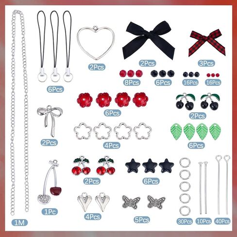 SUNNYCLUE 1 صندوق DIY 6 مجموعات سحر الهاتف الخليوي كيت سحر الكرز الأسود القوطية متقلب Bowknot الزهور الحمراء الكرز الفاكهة سحر الملحقات لصنع المجوهرات مجموعات النساء مبتدئين حالة الهواتف المحمولة الديكورات in Kuwait