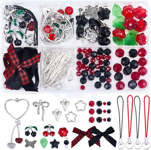 SUNNYCLUE 1 صندوق DIY 6 مجموعات سحر الهاتف الخليوي كيت سحر الكرز الأسود القوطية متقلب Bowknot الزهور الحمراء الكرز الفاكهة سحر الملحقات لصنع المجوهرات مجموعات النساء مبتدئين حالة الهواتف المحمولة الديكورات in Kuwait
