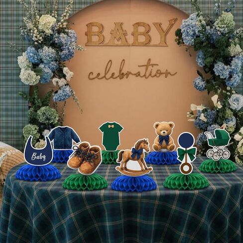 8 Pcs Tartan Plaid Style Bear Baby Shower Decorations Green Blue Bear Baby Shower Honeycomb Centerpieces 3D Table Decorations for Gender Reveal Birthday Party Supplies Table Centerpieces in Saudi Arabia