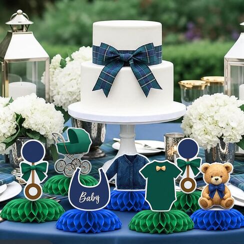 8 Pcs Tartan Plaid Style Bear Baby Shower Decorations Green Blue Bear Baby Shower Honeycomb Centerpieces 3D Table Decorations for Gender Reveal Birthday Party Supplies Table Centerpieces in Saudi Arabia