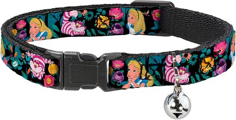 طوق قطط قابل للفصل بإبزيم للأسفل - قطط أليس/شيشاير/أزهار باللون الأسود/متعدد الألوان - بعرض 1/2 بوصة - يناسب رقبة مقاس 8-12 بوصة - مقاس متوسط in Kuwait