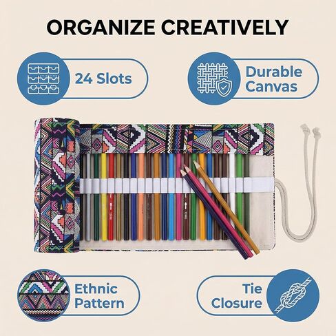 Colored Pencil Case, Pencil Roll Up Case with 24 Slots, Ethnic Style Canvas Wrap for Drawing Tools, Tie Closure for Travel, Studio, and Desk Storage in Saudi Arabia