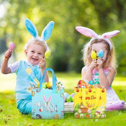 YANGTE 12 Pack Kid Easter Baskets with Handle, Reusable Easter Gift Tote Bag Bulk Non Woven Goodie Bags Party Bags for Egg Hunt Holiday Party Supplies in Saudi Arabia