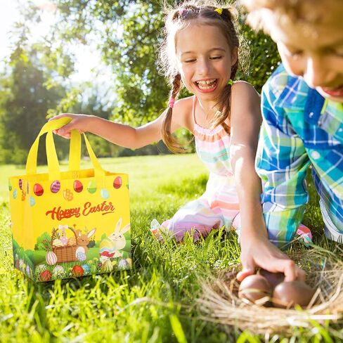 YANGTE 12 Pack Kid Easter Baskets with Handle, Reusable Easter Gift Tote Bag Bulk Non Woven Goodie Bags Party Bags for Egg Hunt Holiday Party Supplies in Saudi Arabia