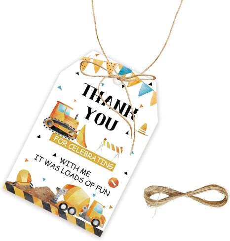 50pcs Construction Thank You Tags, Dump Truck Gift Tag with String for Boys Birthday, Engineering Vehicles Thank You Paper Tags for Gender Reveal Party Favors in Saudi Arabia
