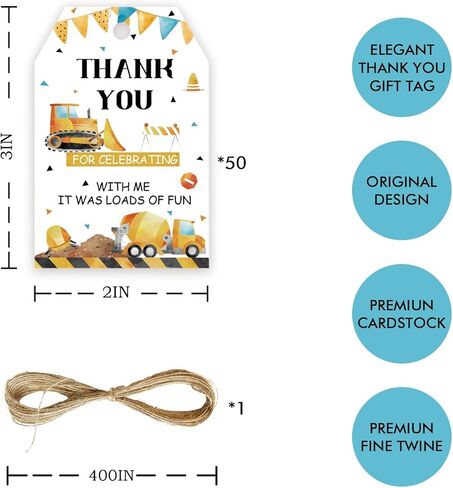 50pcs Construction Thank You Tags, Dump Truck Gift Tag with String for Boys Birthday, Engineering Vehicles Thank You Paper Tags for Gender Reveal Party Favors in Saudi Arabia