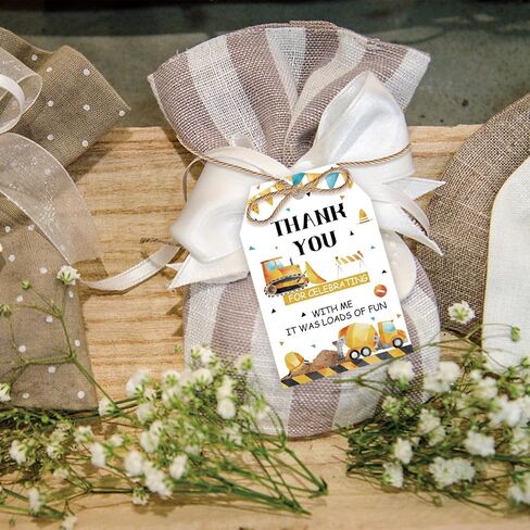 50pcs Construction Thank You Tags, Dump Truck Gift Tag with String for Boys Birthday, Engineering Vehicles Thank You Paper Tags for Gender Reveal Party Favors in Saudi Arabia