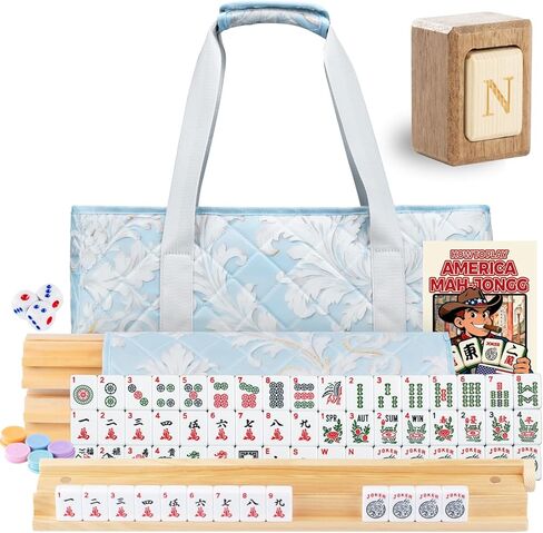 مجموعة ألعاب MUTEX American Mahjong، مجموعة 166 بلاطة فاخرة من Mahjong مع حقيبة حمل زرقاء مثلجة مقاومة للماء، مجموعة Mahjong الغربية مع 4 قطع رفوف/دافعات من الخشب النيوزيلاندي الطبيعي in Kuwait