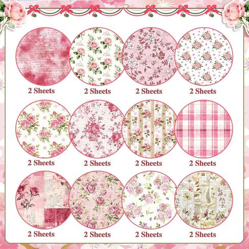 Konsait 24 Sheets Pink Flower Scrapbook Paper 12x12, Double Sided Rose Patterned Paper Floral Decorative Cardstock Pad Origami Papers for Card Making Romantic Scrapbook Supplies in Saudi Arabia
