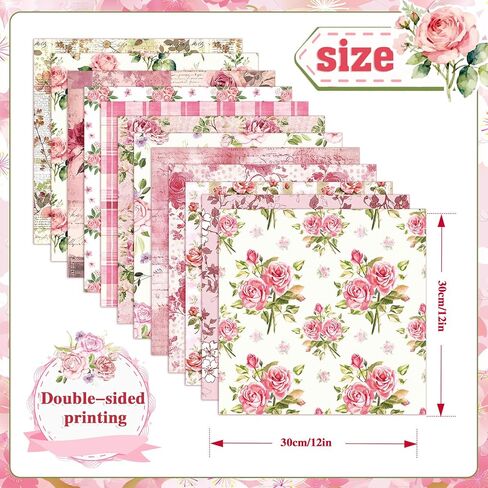 Konsait 24 Sheets Pink Flower Scrapbook Paper 12x12, Double Sided Rose Patterned Paper Floral Decorative Cardstock Pad Origami Papers for Card Making Romantic Scrapbook Supplies in Saudi Arabia