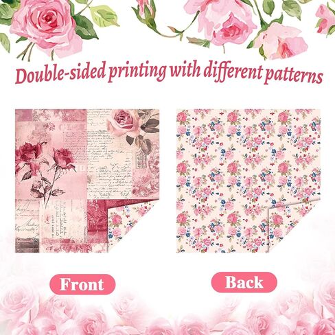Konsait 24 Sheets Pink Flower Scrapbook Paper 12x12, Double Sided Rose Patterned Paper Floral Decorative Cardstock Pad Origami Papers for Card Making Romantic Scrapbook Supplies in Saudi Arabia