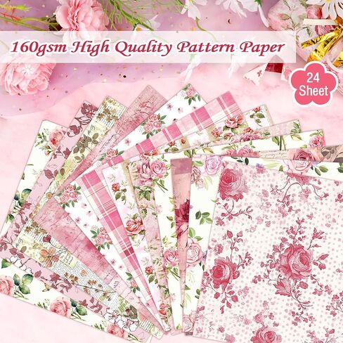 Konsait 24 Sheets Pink Flower Scrapbook Paper 12x12, Double Sided Rose Patterned Paper Floral Decorative Cardstock Pad Origami Papers for Card Making Romantic Scrapbook Supplies in Saudi Arabia