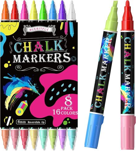 16 Colors 8 Pack Dual Tip Liquid Chalk Markers Erasable for Blackboard, Chalkboards Signs, Car Windows, Glass, Menu, Planner, Reversible Tip Chalk Pens for Tip First Day of School Sign in Saudi Arabia
