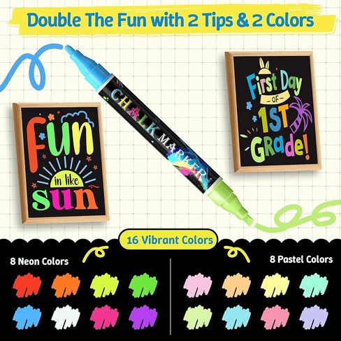 16 Colors 8 Pack Dual Tip Liquid Chalk Markers Erasable for Blackboard, Chalkboards Signs, Car Windows, Glass, Menu, Planner, Reversible Tip Chalk Pens for Tip First Day of School Sign in Saudi Arabia