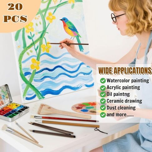 20 Pack Pottery Glaze Brushes, Wool Ceramic Brushes with Wood Handle, Soft Watercolor Goat Hair Blend Mop Brush Set for Acrylic Painting, Watercolor Oil Art Painting in Saudi Arabia