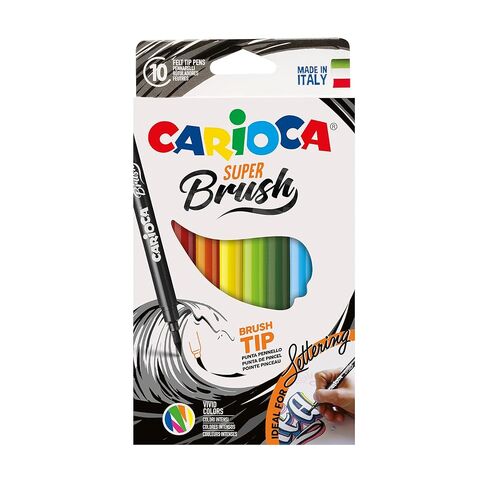 Carioca Super Brush Washable Markers – 10 Assorted Colors, Flexible Brush Tip for Calligraphy, Hand Lettering and School Supplies, Long-Lasting, Super Washable Ink, Made in Italy in Saudi Arabia