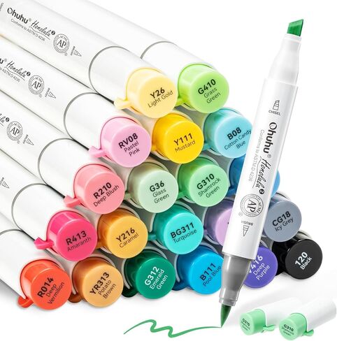 Ohuhu Alcohol Markers Brush Tip, AP Certificated 24 Basic Colors Double Tipped Alcohol Based Art Marker Set for Artist Sketching Adult Coloring Illustration - Brush and Chisel Dual Tips - Honolulu 2 in Saudi Arabia