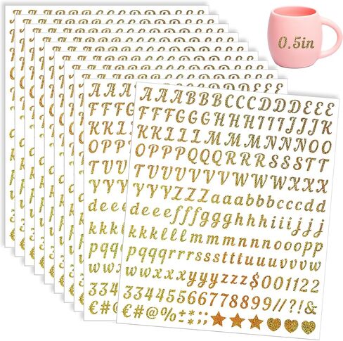 2000 Pieces 10 Sheets Vinyl Letter Stickers Small, 1/2 Inch Cursive Letter, Self-Adhesive Waterproof Alphabet Numbers for Scrapbooking Arts Crafts Water Bottle Mailbox DIY (Gold) in Saudi Arabia