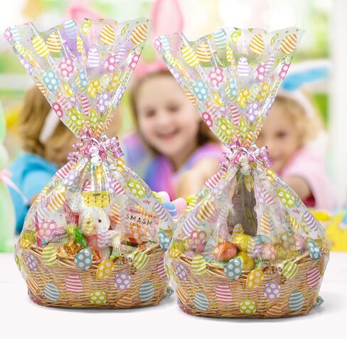أكياس سلة السلوفان البلاستيكية الكبيرة لعيد الفصح من Gift Boutique مع أربطة ملتوية، عبوة من 10 صينية لملفات تعريف الارتباط على شكل بيضة زنبركية، حقيبة تشيلو ملفوفة كبيرة لقضاء العطلات، تغليف هدايا للحفلات، مقاس 60.96 سم × 76.2 سم in Saudi Arabia