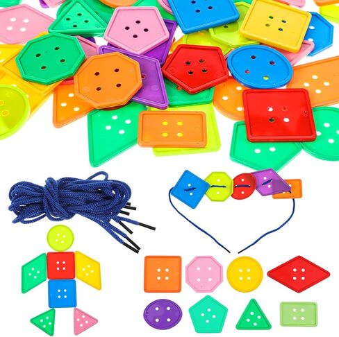 200 Pcs Shape Buttons, Colorful Buttons for Crafts Assorted Shapes, Big Button Set with 20 Strings Large Geometric Plastic Sewing Supplies for DIY Art Projects Educational Activities in Kuwait