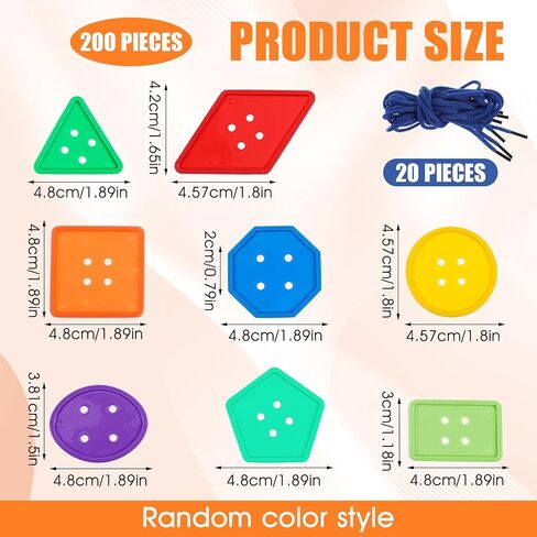 200 Pcs Shape Buttons, Colorful Buttons for Crafts Assorted Shapes, Big Button Set with 20 Strings Large Geometric Plastic Sewing Supplies for DIY Art Projects Educational Activities in Kuwait