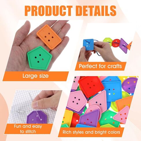 200 Pcs Shape Buttons, Colorful Buttons for Crafts Assorted Shapes, Big Button Set with 20 Strings Large Geometric Plastic Sewing Supplies for DIY Art Projects Educational Activities in Kuwait