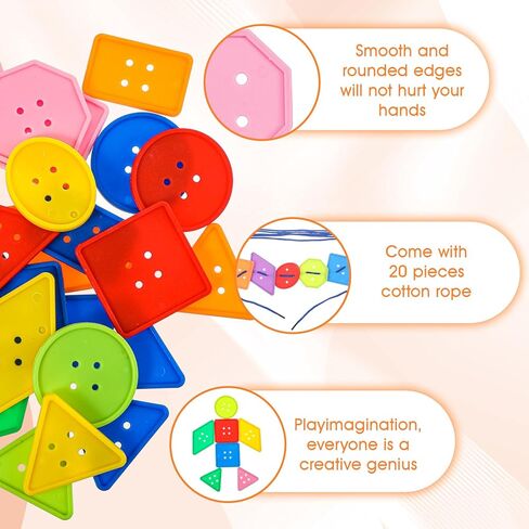 200 Pcs Shape Buttons, Colorful Buttons for Crafts Assorted Shapes, Big Button Set with 20 Strings Large Geometric Plastic Sewing Supplies for DIY Art Projects Educational Activities in Kuwait